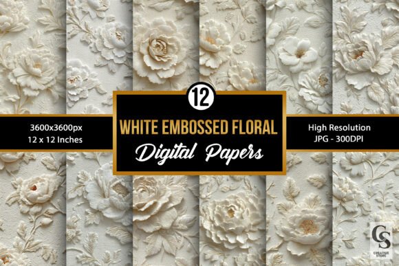 Download White Embossed Flowers Digital Paper - Flower Collection