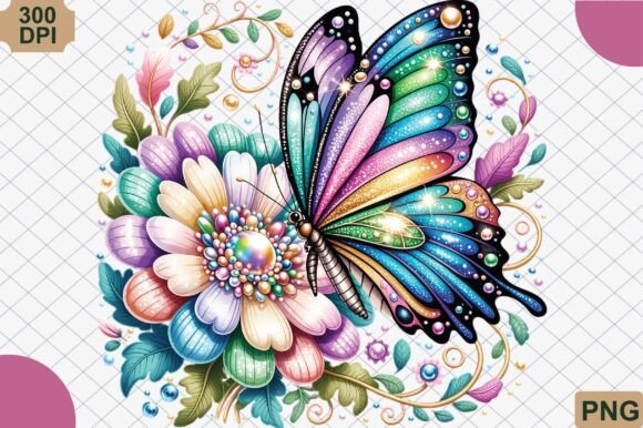 Download Ornate Jeweled Butterfly &amp; Flower PNG - Flower Collection