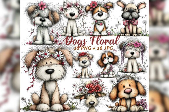 Download Whimsical Floral Dogs Spring Clipart Set - Set Collection